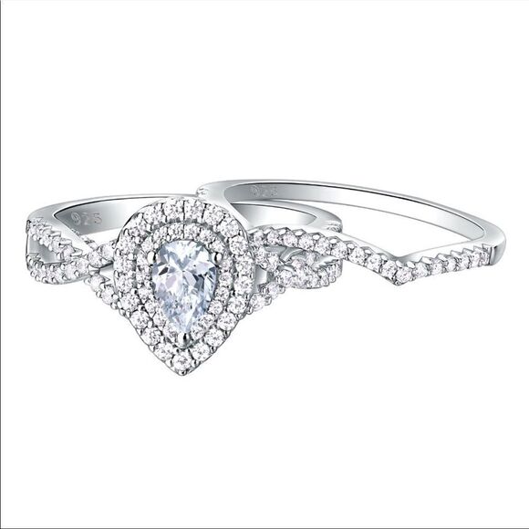 2pcs 925 silver Engagement Ring Wedding Band Set Pear Shaped Diamond Ring - Picture 5 of 11